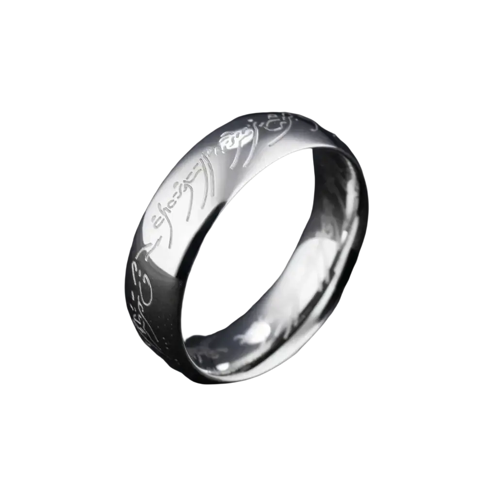 Silver-colored stainless steel wedding band ring featuring engraved elvish script along its band