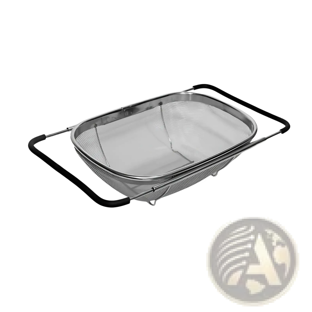 Rectangular stainless steel expandable mesh sink drain basket with black rubberized handles for kitchen use