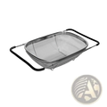 Rectangular stainless steel expandable mesh sink drain basket with black rubberized handles for kitchen use