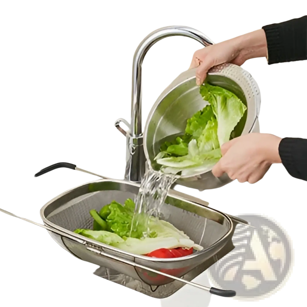 Silver stainless steel expandable mesh sink drain basket colander with a sleek modern design