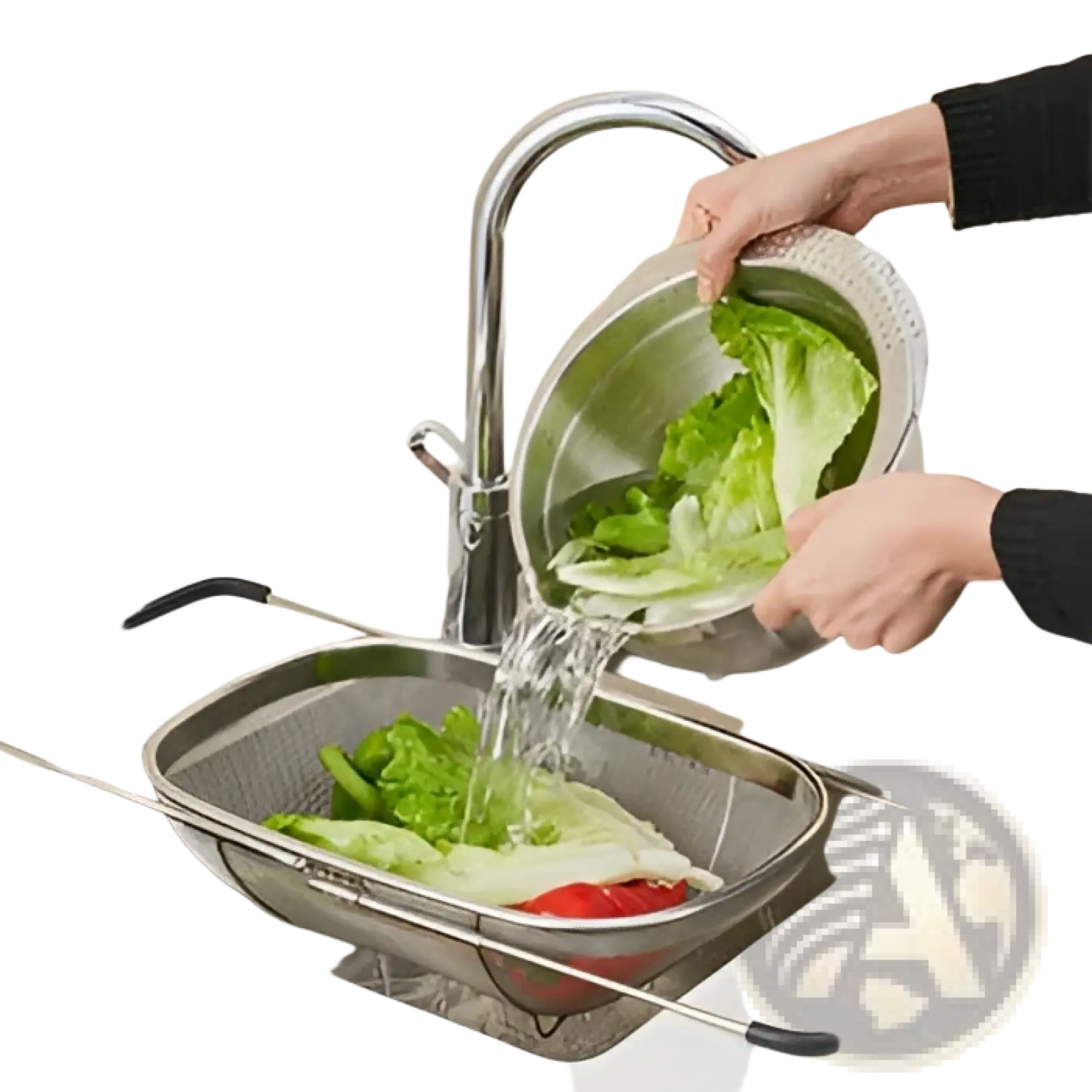 Silver stainless steel expandable mesh sink drain basket colander with a sleek modern design