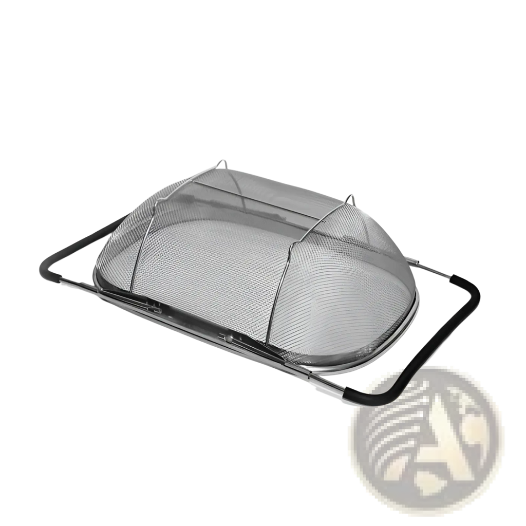 Stainless steel expandable mesh sink drain basket with silver mesh cover black rubberized handles and foldable metal frame