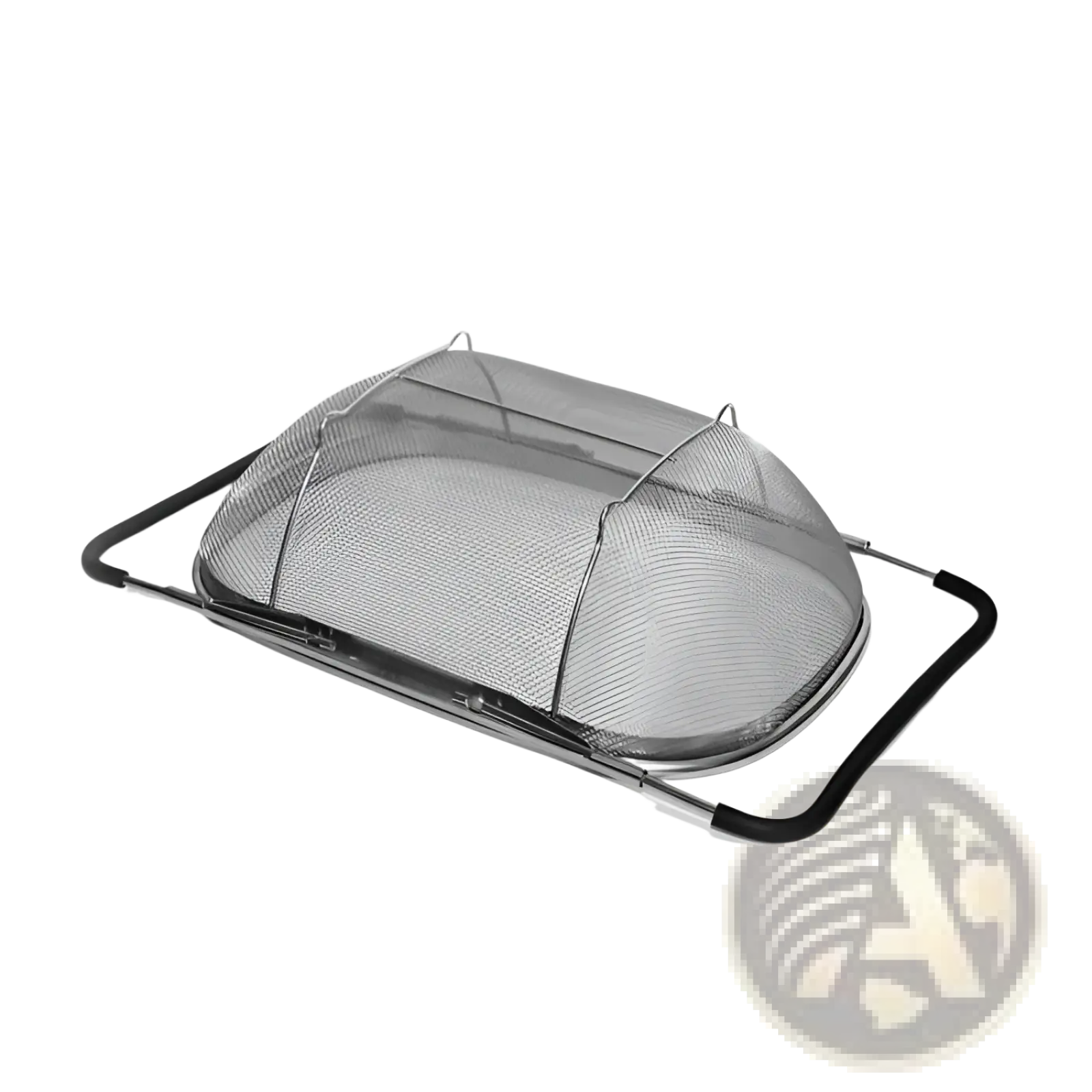 Stainless steel expandable mesh sink drain basket with silver mesh cover black rubberized handles and foldable metal frame