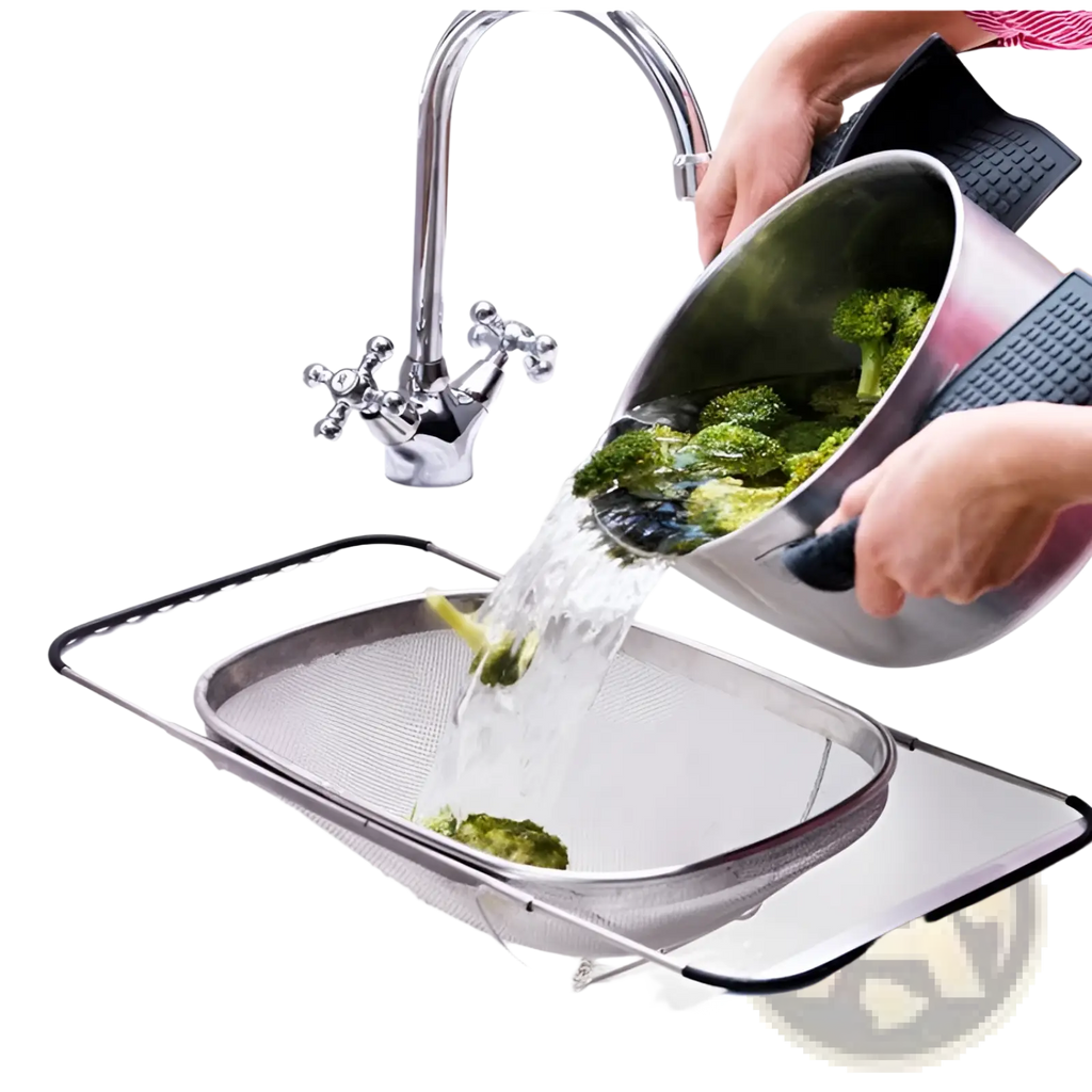 Stainless steel expandable mesh sink drain basket with black rubberized handle and reinforced rim for draining vegetables
