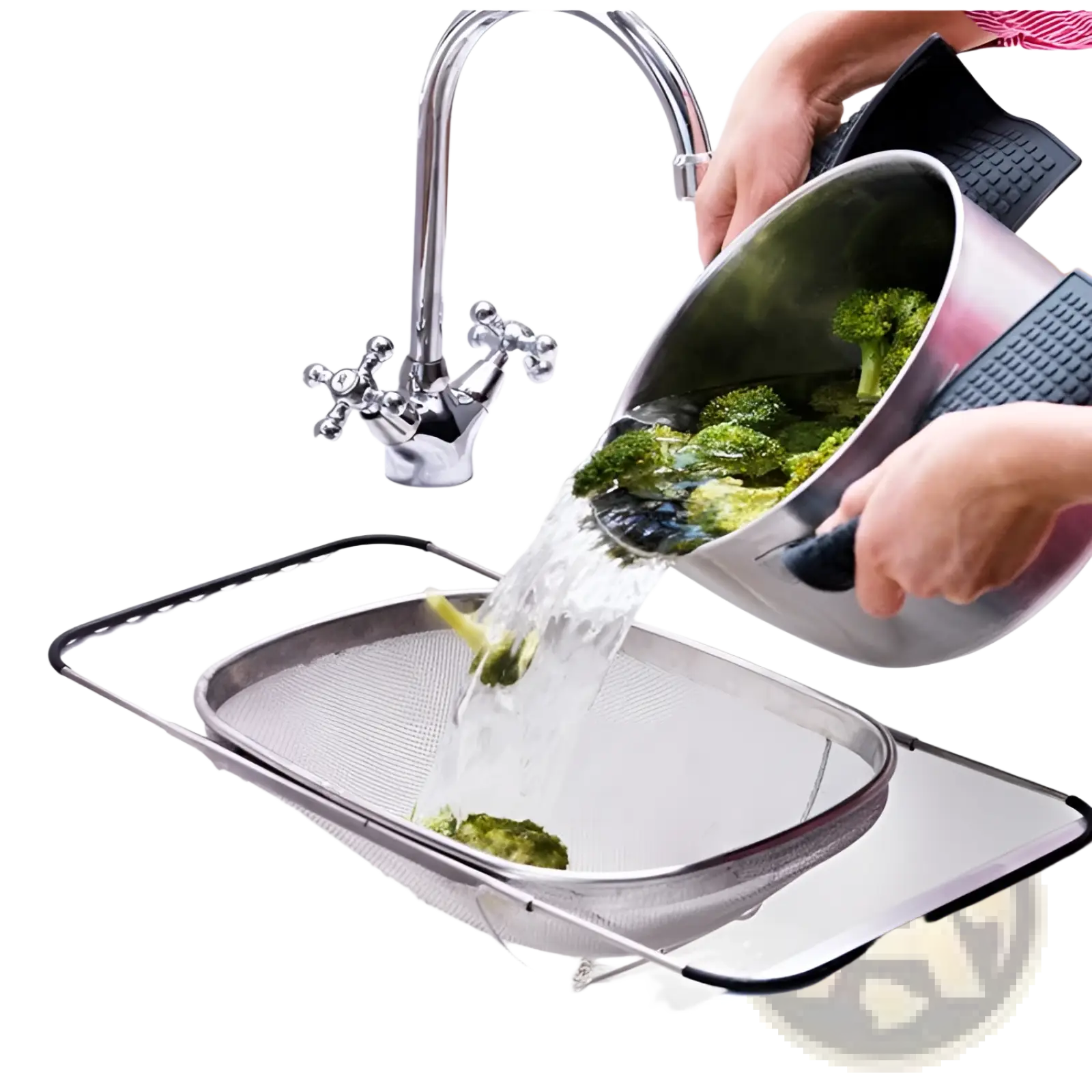 Stainless steel expandable mesh sink drain basket with black rubberized handle and reinforced rim for draining vegetables