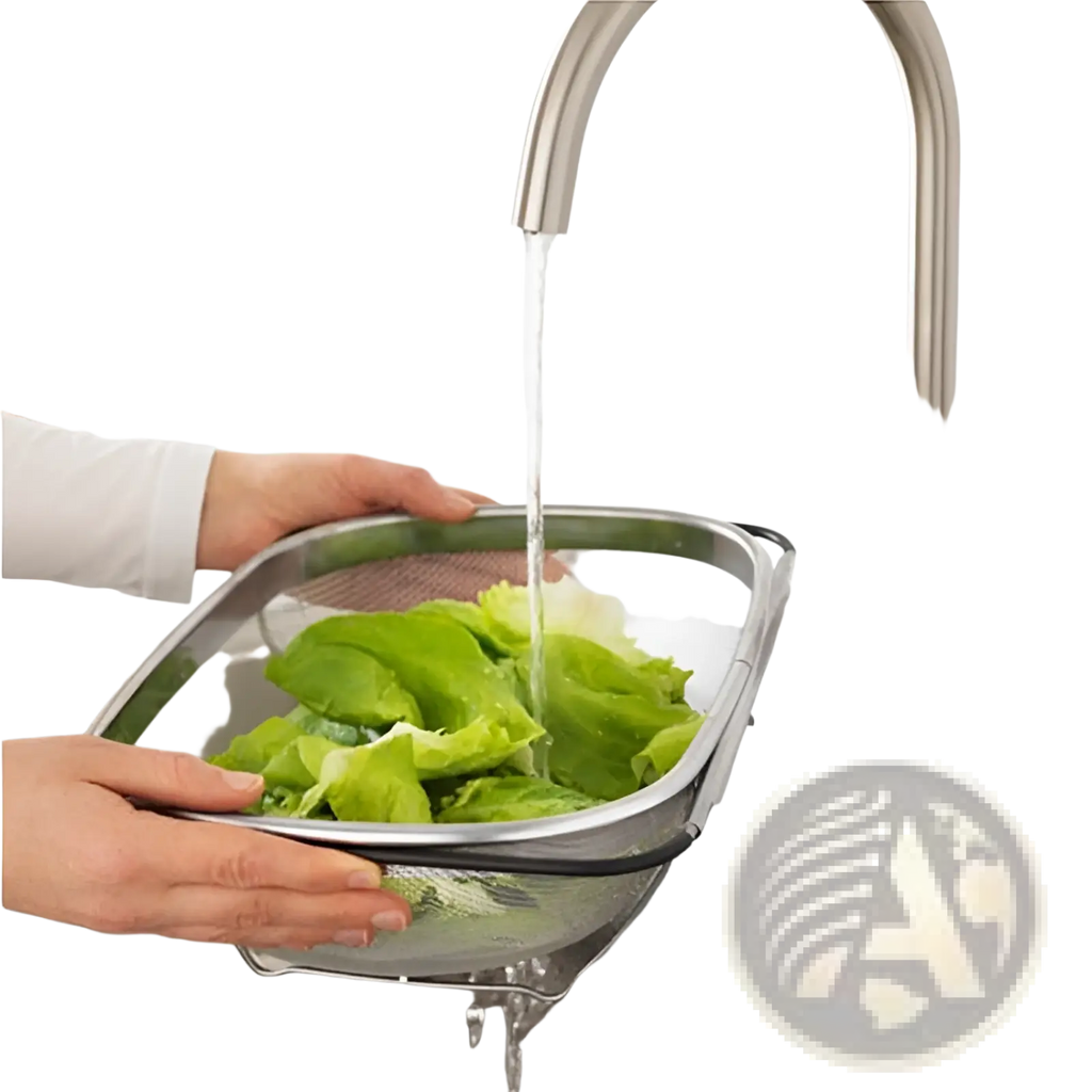 Stainless steel expandable mesh sink drain basket with rectangular shape and reinforced rim holding fresh lettuce under running water