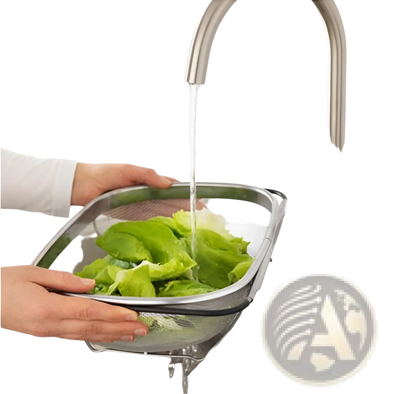 Stainless steel expandable mesh sink drain basket with rectangular shape and reinforced rim holding fresh lettuce under running water