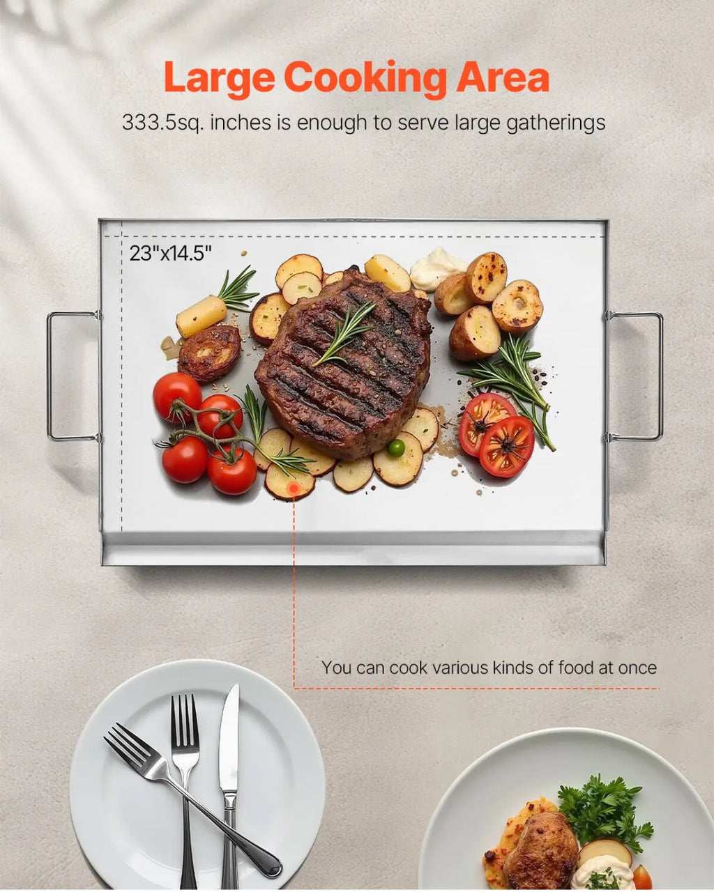 Rectangular stainless steel flat top griddle with integrated side handles and 23x14.5 inch cooking surface for large gatherings