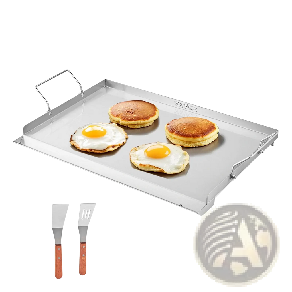 Silver stainless steel flat top griddle 23x16 with wooden-handled spatulas for bbq grilling use