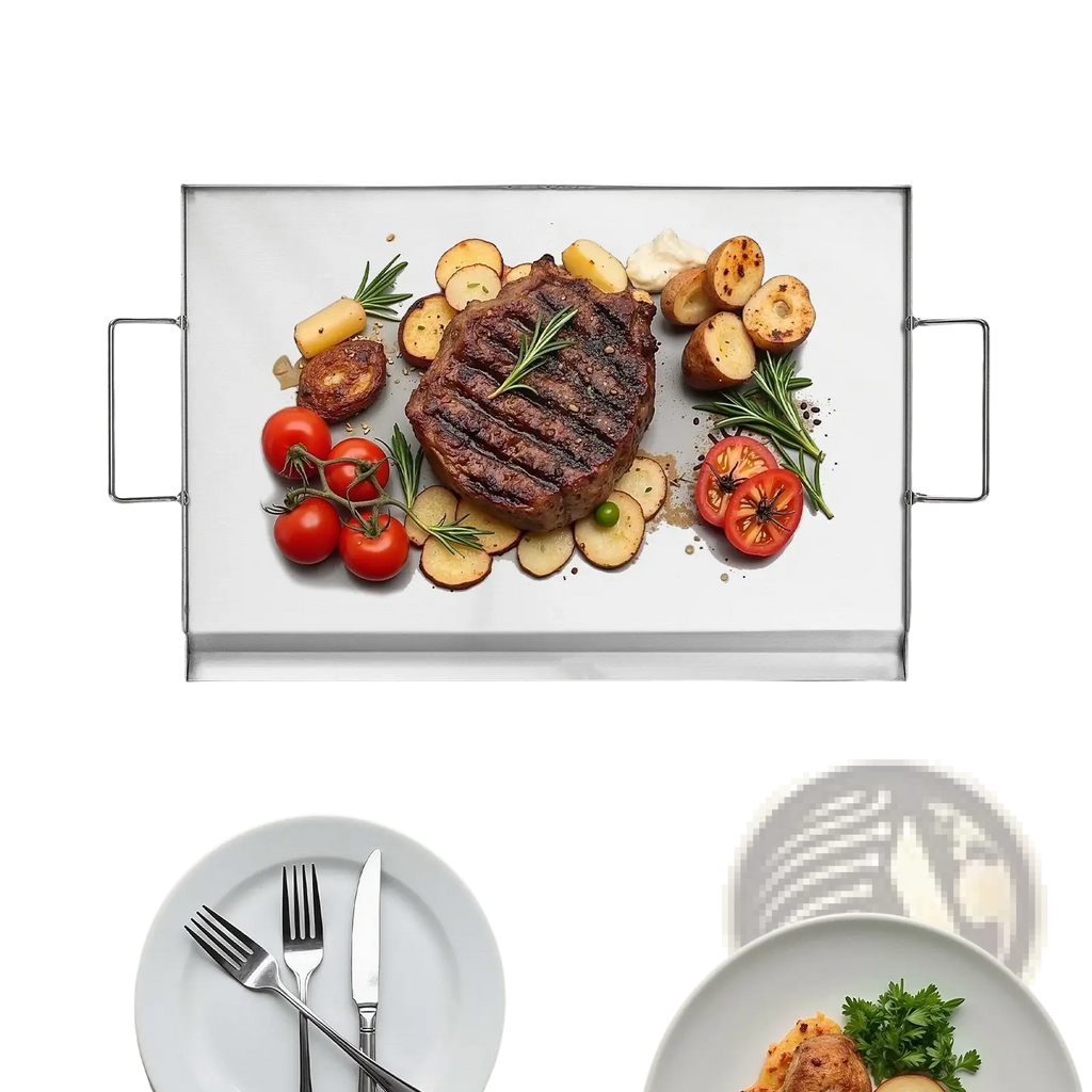 Rectangular stainless steel flat top griddle 23x16 with two handles featuring grilled steak and vegetables
