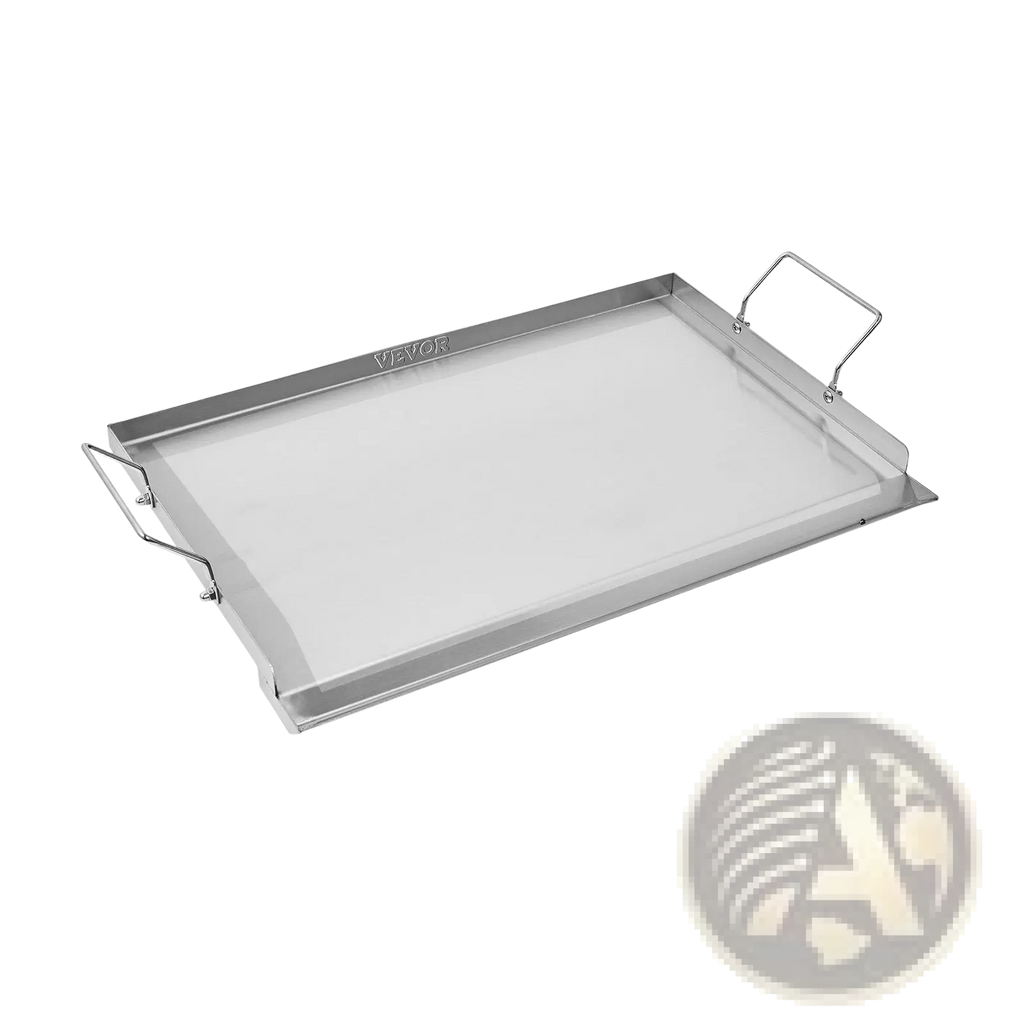 Silver stainless steel flat top griddle with two sturdy handles and smooth cooking surface for bbq grilling