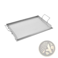 Silver stainless steel flat top griddle with two sturdy handles and smooth cooking surface for bbq grilling