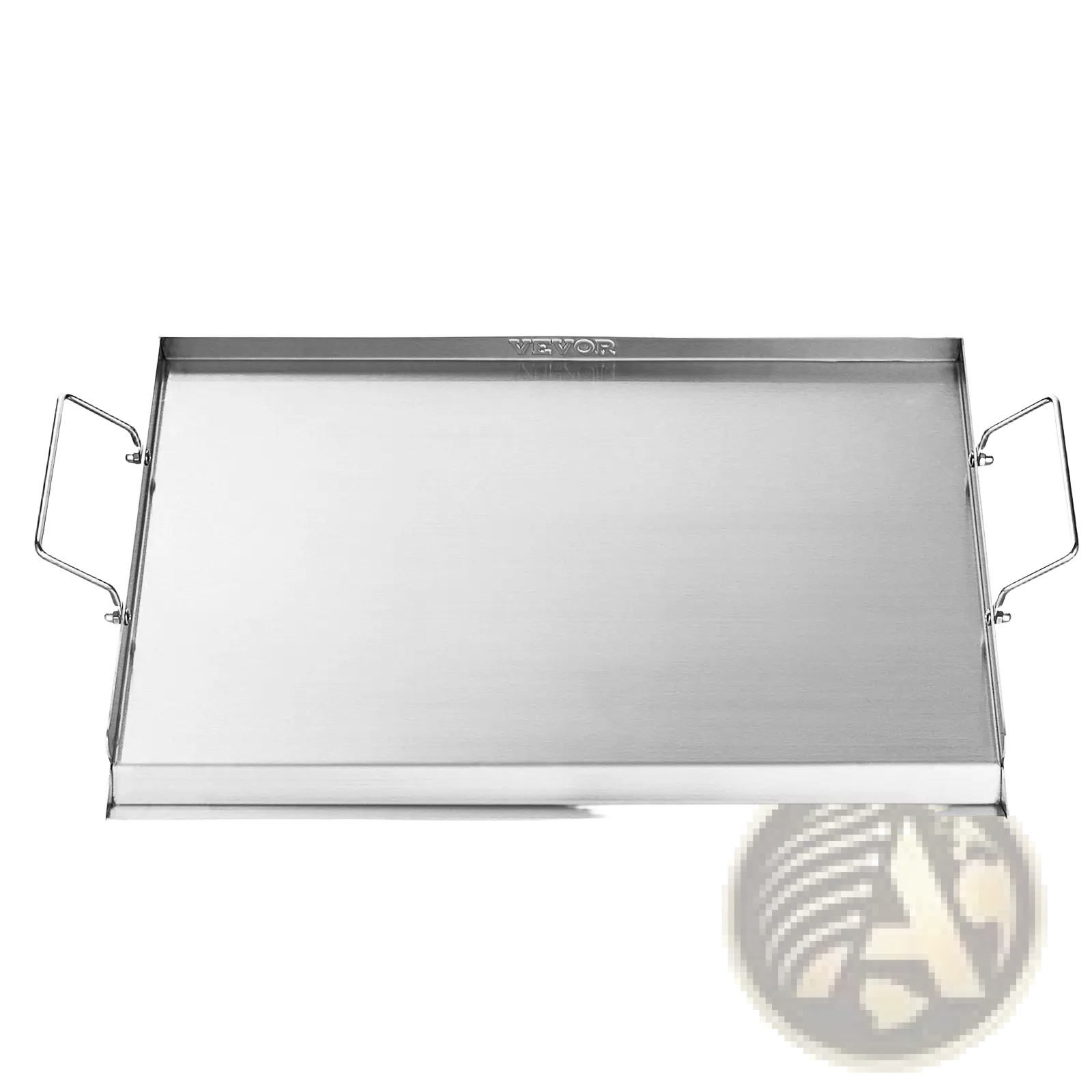 Stainless steel flat top griddle 23x16 with integrated handles and sleek reflective surface for bbq grilling