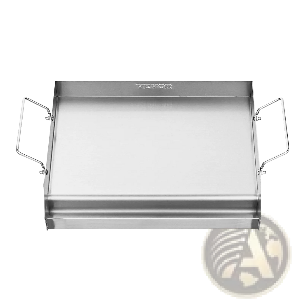 Stainless steel flat top griddle bbq grill pan with a sleek rectangular design and two sturdy handles for easy handling