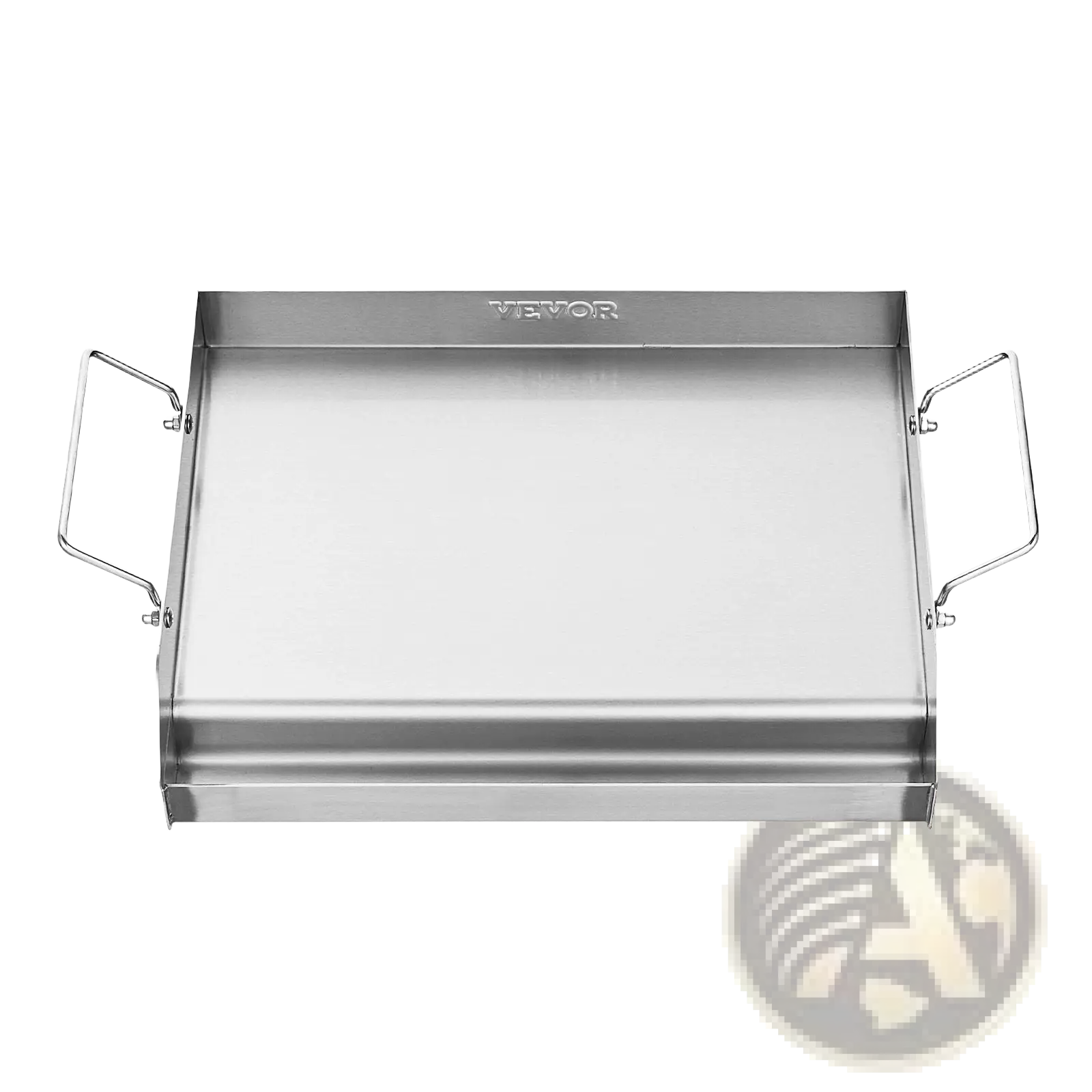 Stainless steel flat top griddle bbq grill pan with a sleek rectangular design and two sturdy handles for easy handling