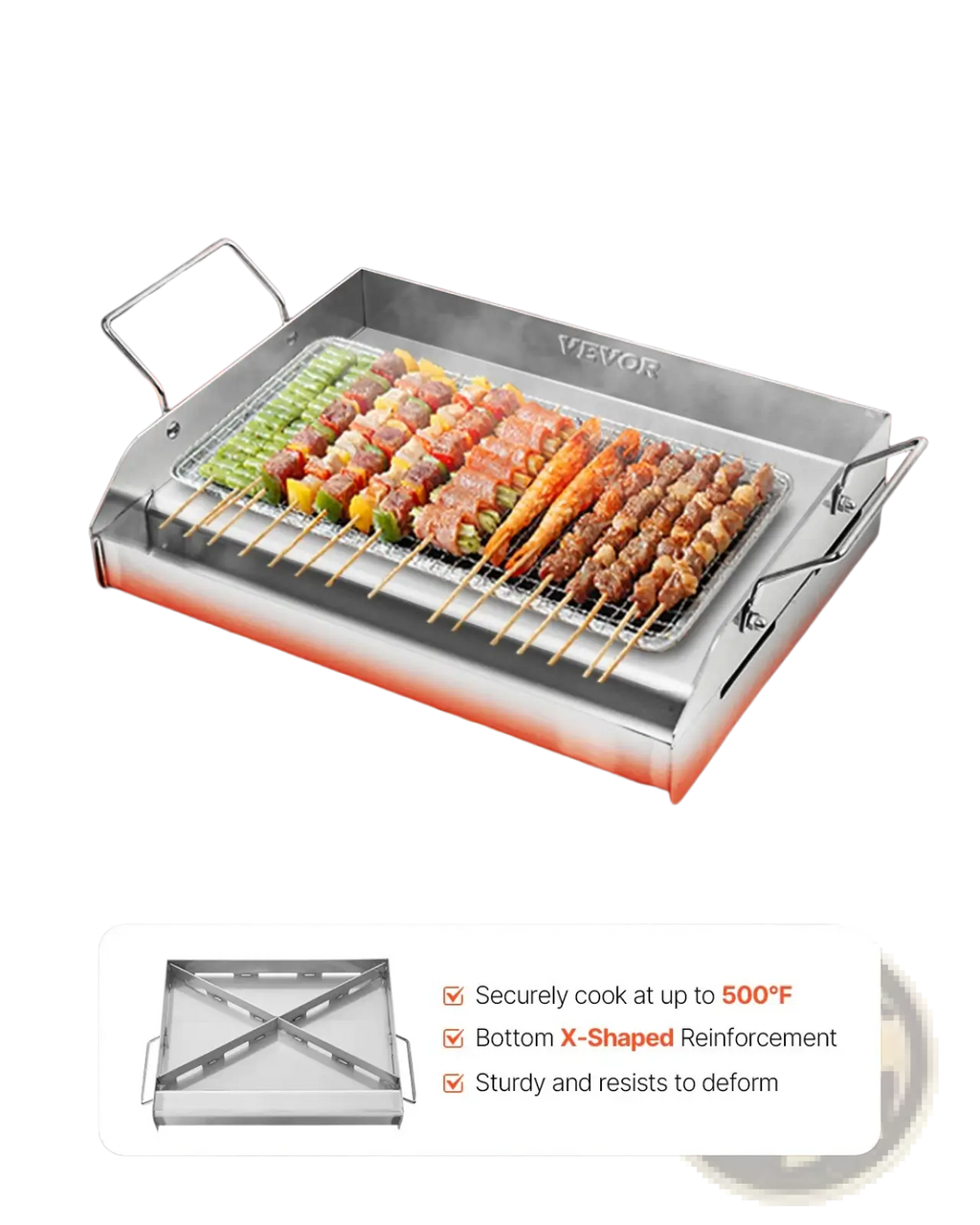 Stainless steel flat top griddle bbq grill pan with rectangular shape handles wire rack and wevor branding