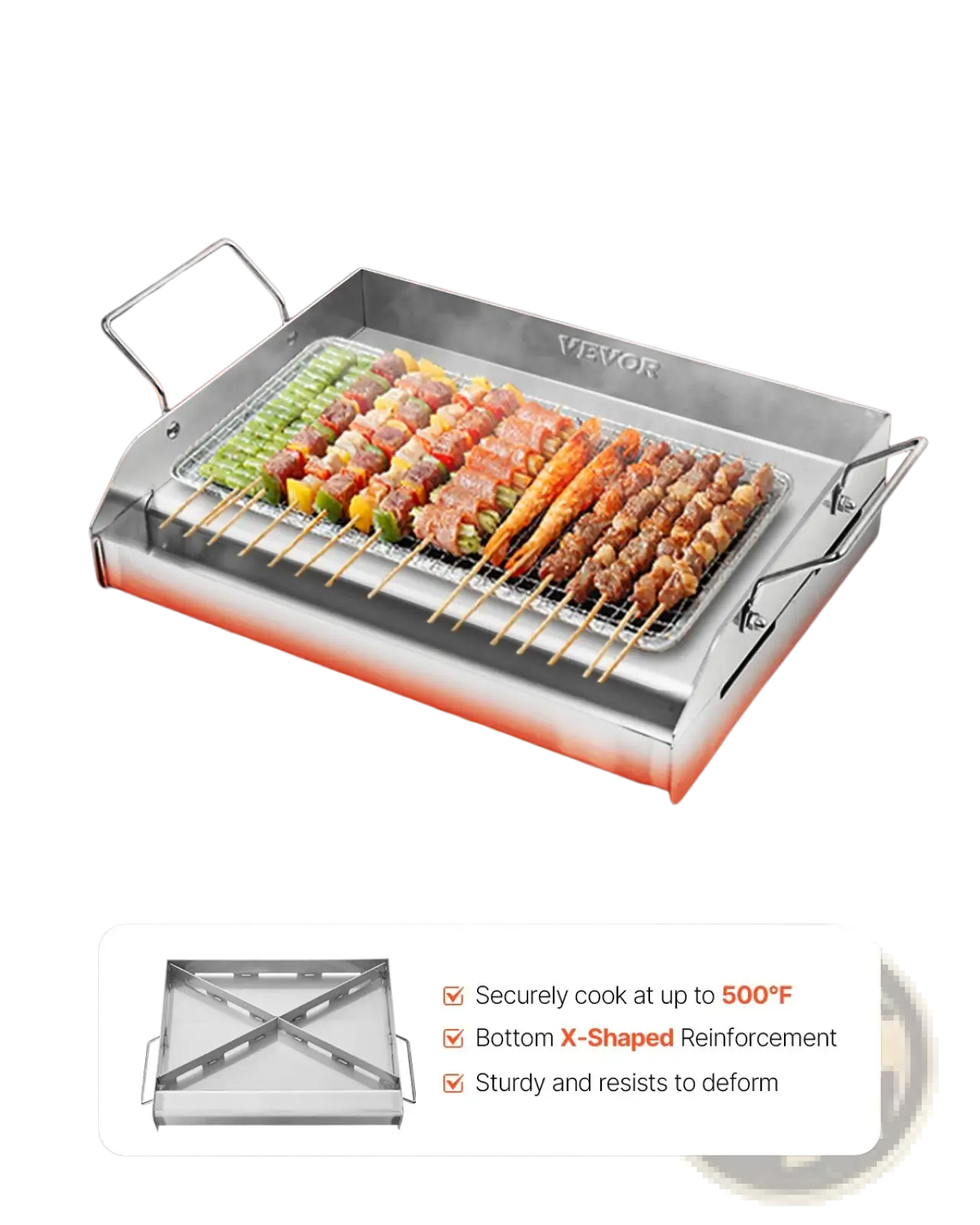 Stainless steel flat top griddle bbq grill pan with rectangular shape handles wire rack and wevor branding
