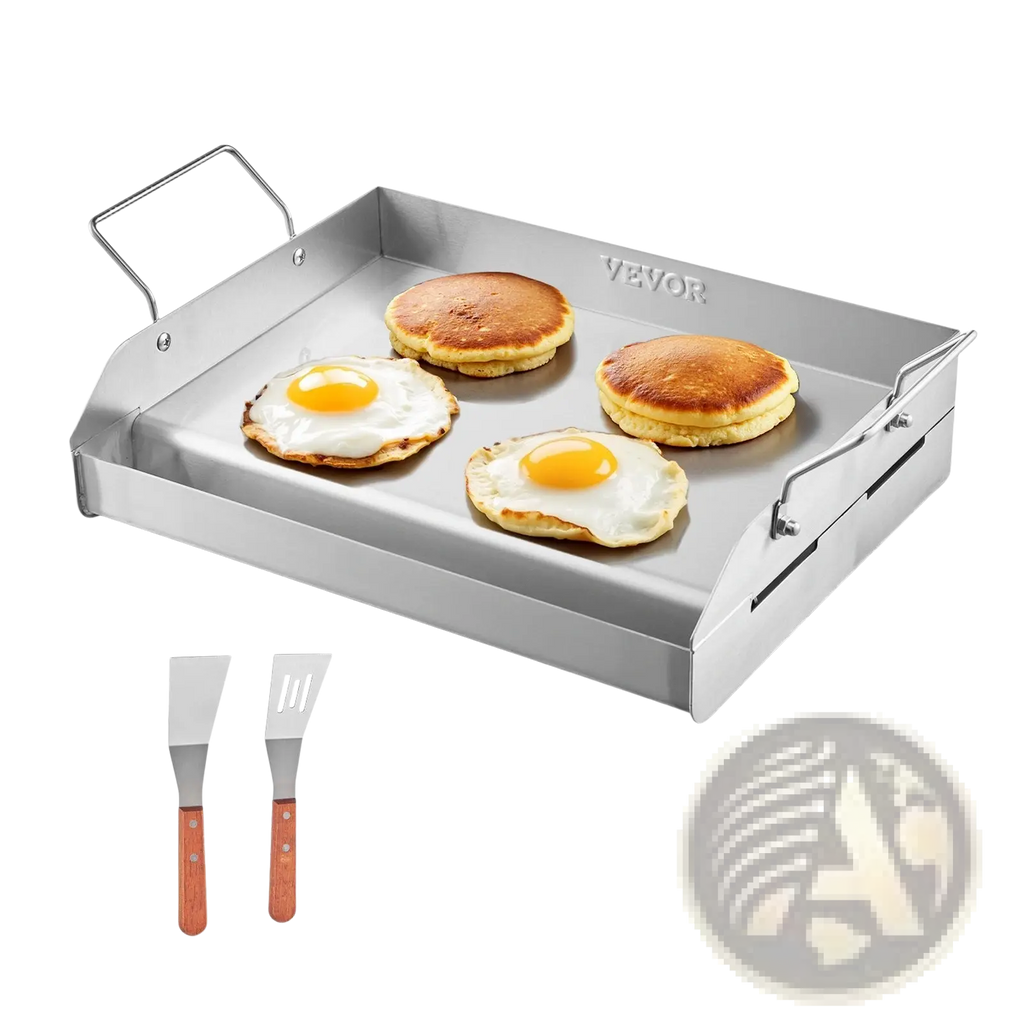 Stainless steel flat top griddle bbq grill pan with two side handles vevor brand cooked pancakes and sunny side up eggs