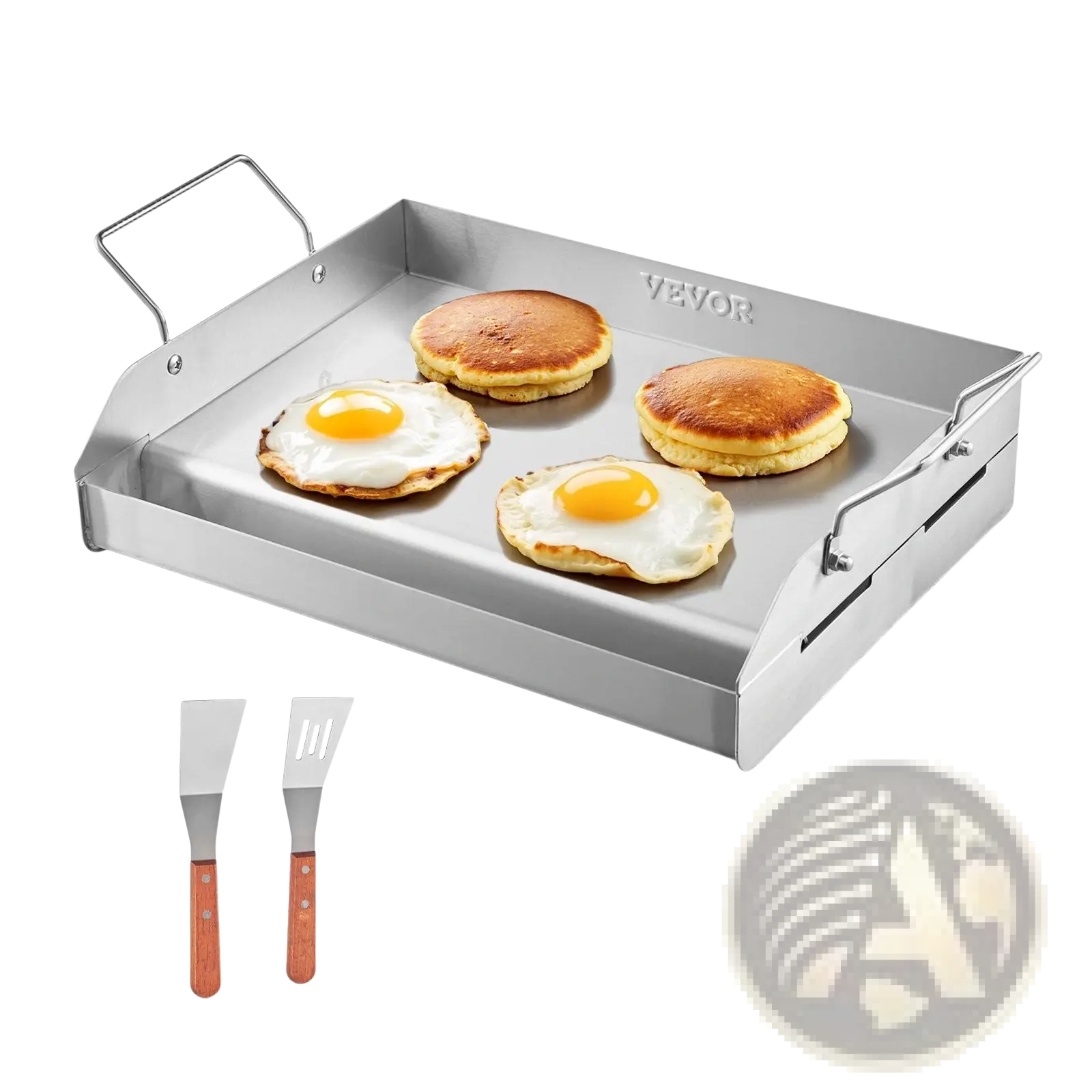 Stainless steel flat top griddle bbq grill pan with two side handles vevor brand cooked pancakes and sunny side up eggs