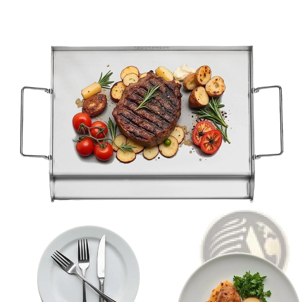 Stainless steel flat top griddle bbq grill pan with rectangular shape, smooth surface, raised edges, and two side handles
