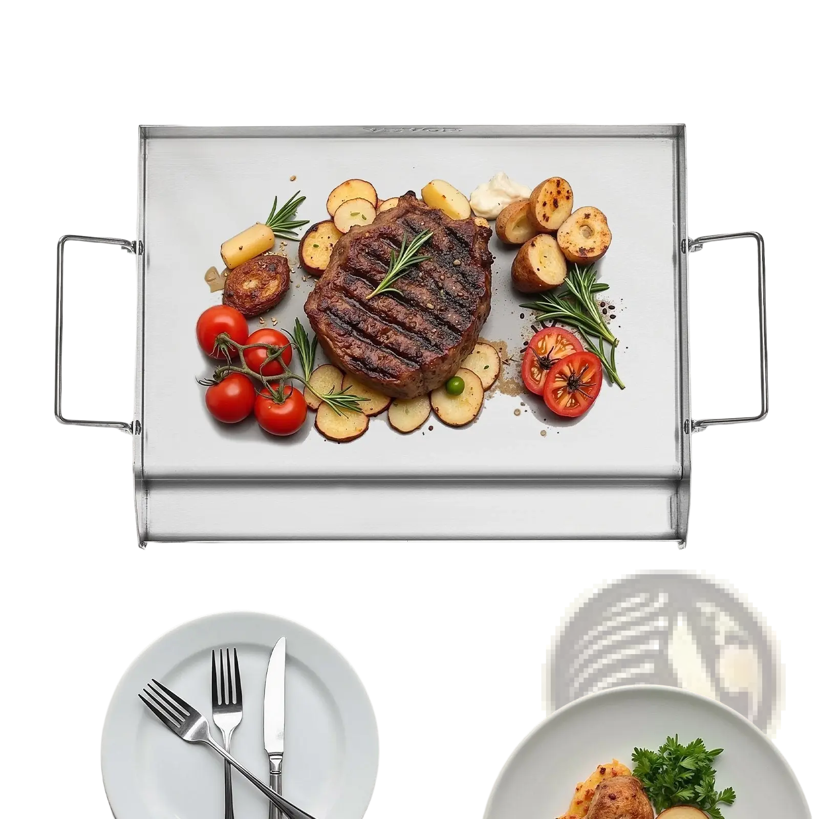 Stainless steel flat top griddle bbq grill pan with rectangular shape, smooth surface, raised edges, and two side handles
