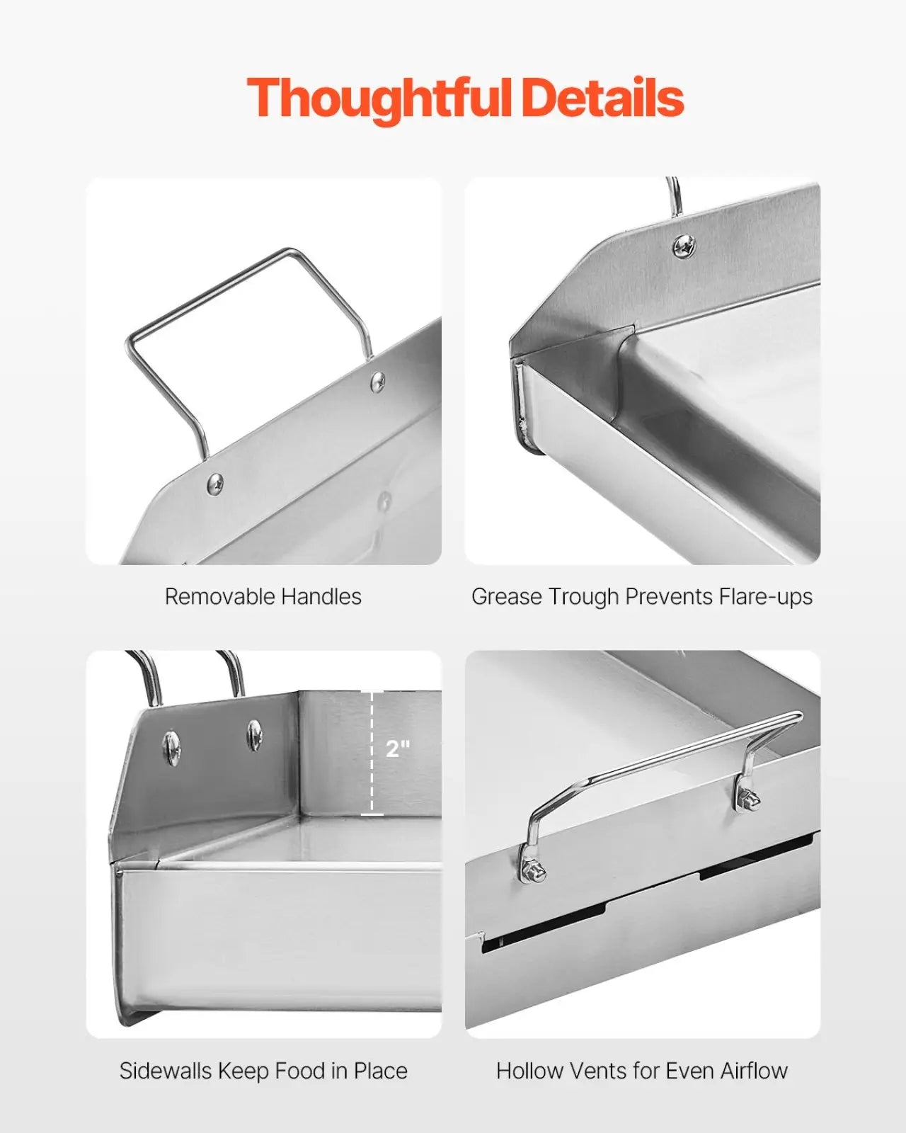 Stainless steel flat top griddle bbq grill pan with removable handles and a grease trough for easy roasting