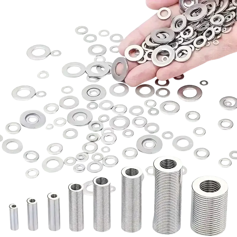 A collection of shiny metallic stainless steel flat washers in various sizes and thicknesses assorted kit 1250pcs