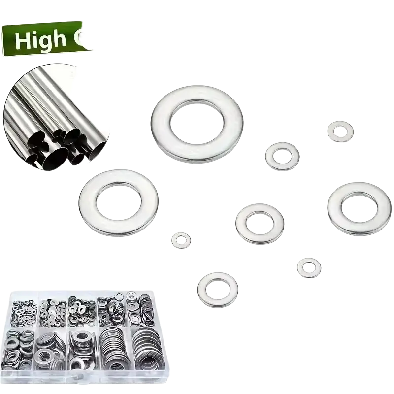 Set of high-quality 304 stainless steel flat washers in various sizes organized in a clear plastic storage box