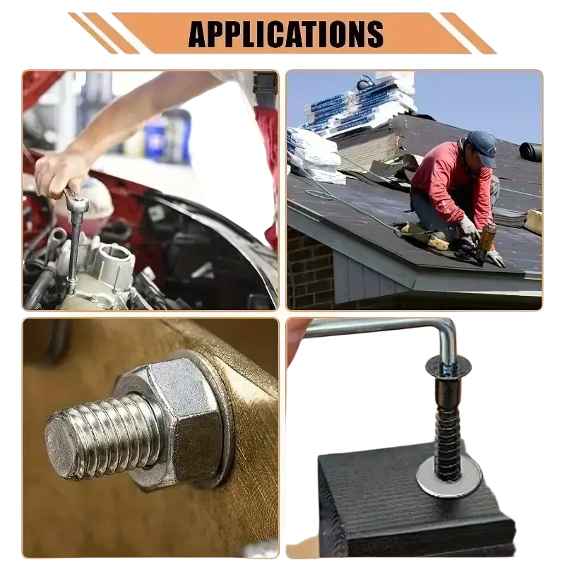 Silver hexagonal stainless steel bolt with flat head and threaded shaft shown in close-up against a metallic surface