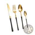 Stainless steel flatware set 4 piece cutlery set with gold-finished utensils and sleek black handles displayed neatly