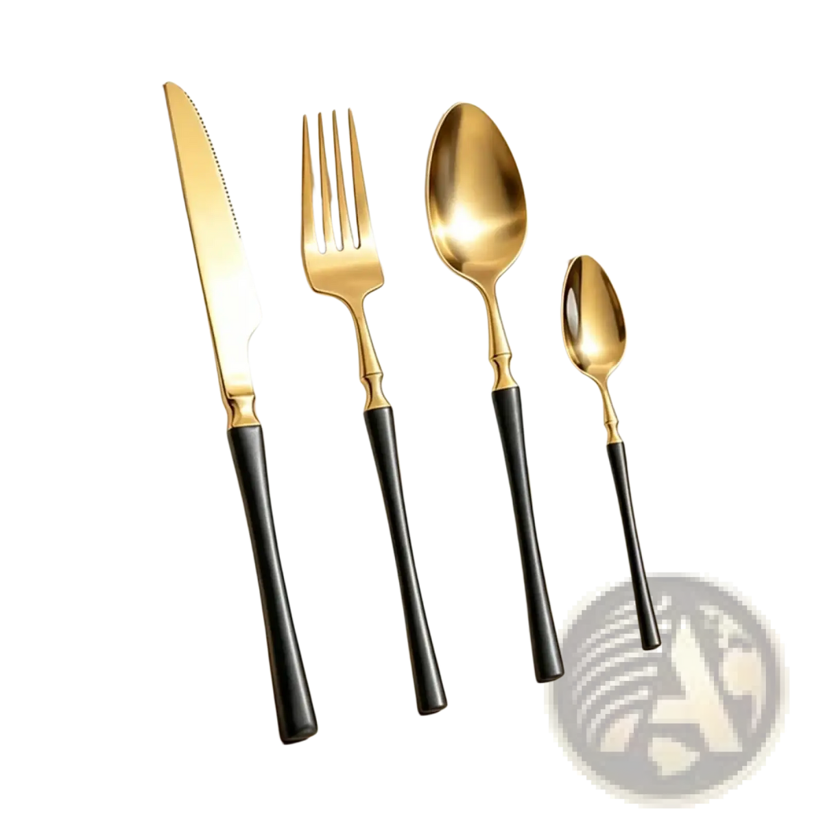 Stainless steel flatware set 4 piece cutlery set with gold-finished utensils and sleek black handles displayed neatly