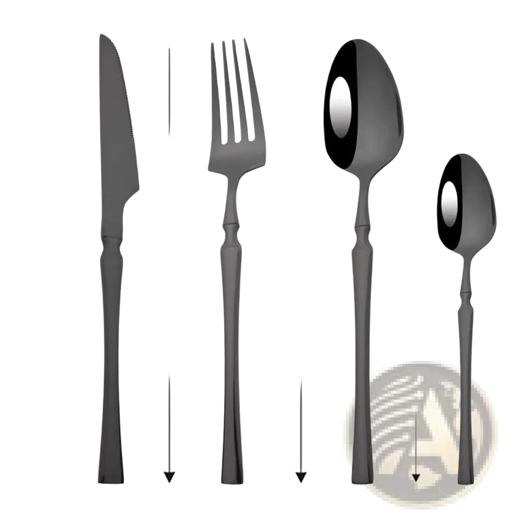 Elegant matte black stainless steel flatware set with sleek tapered handles and polished reflective surfaces
