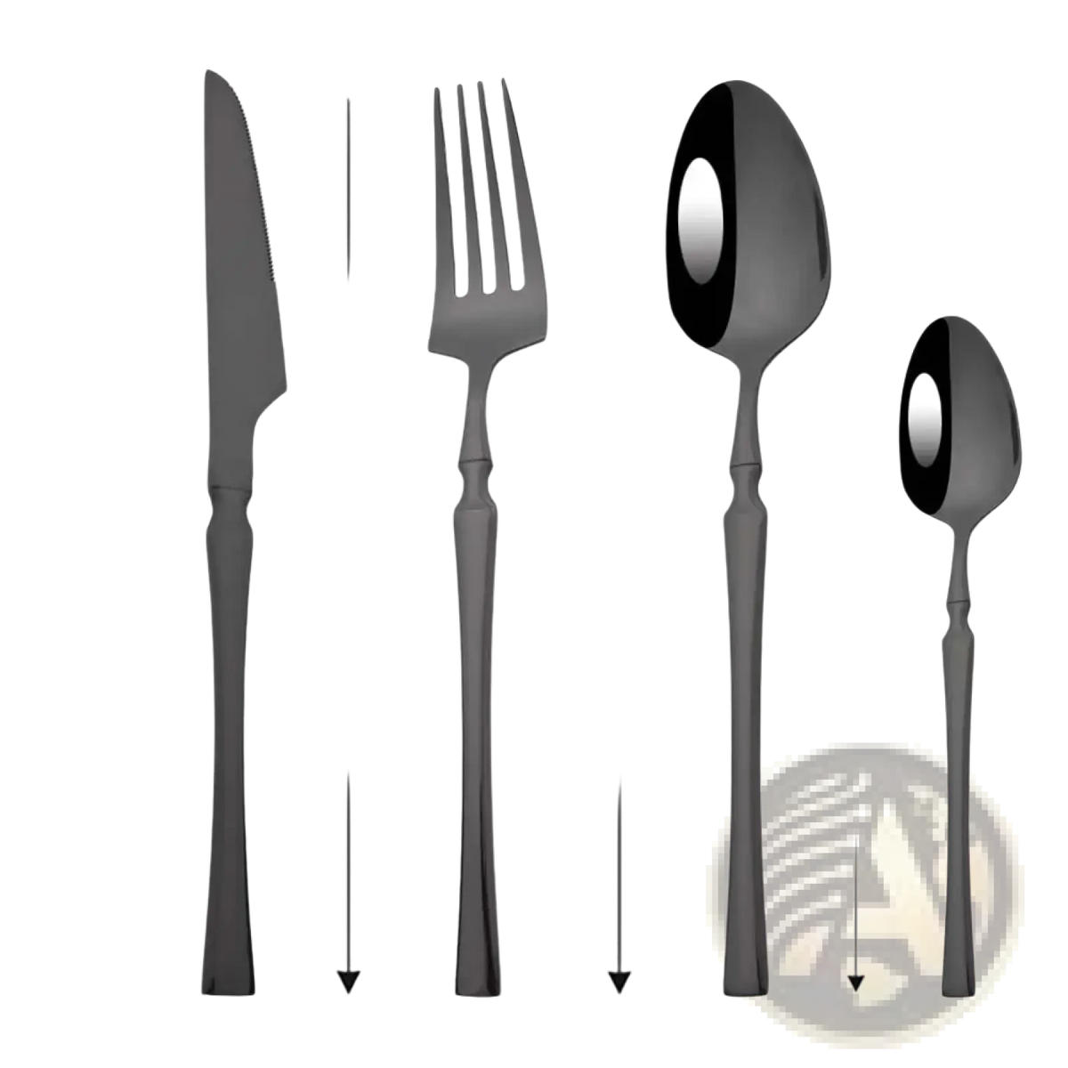 Elegant matte black stainless steel flatware set with sleek tapered handles and polished reflective surfaces