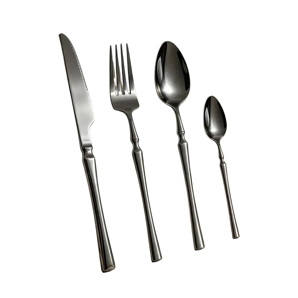 Set of four matte black stainless steel flatware pieces with elegant slightly tapered handles for dining use