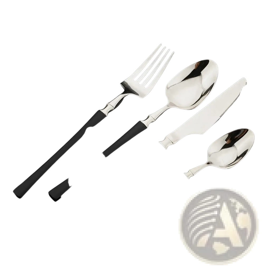Set of four stainless steel flatware with sleek black handles and polished minimalist design for modern dining