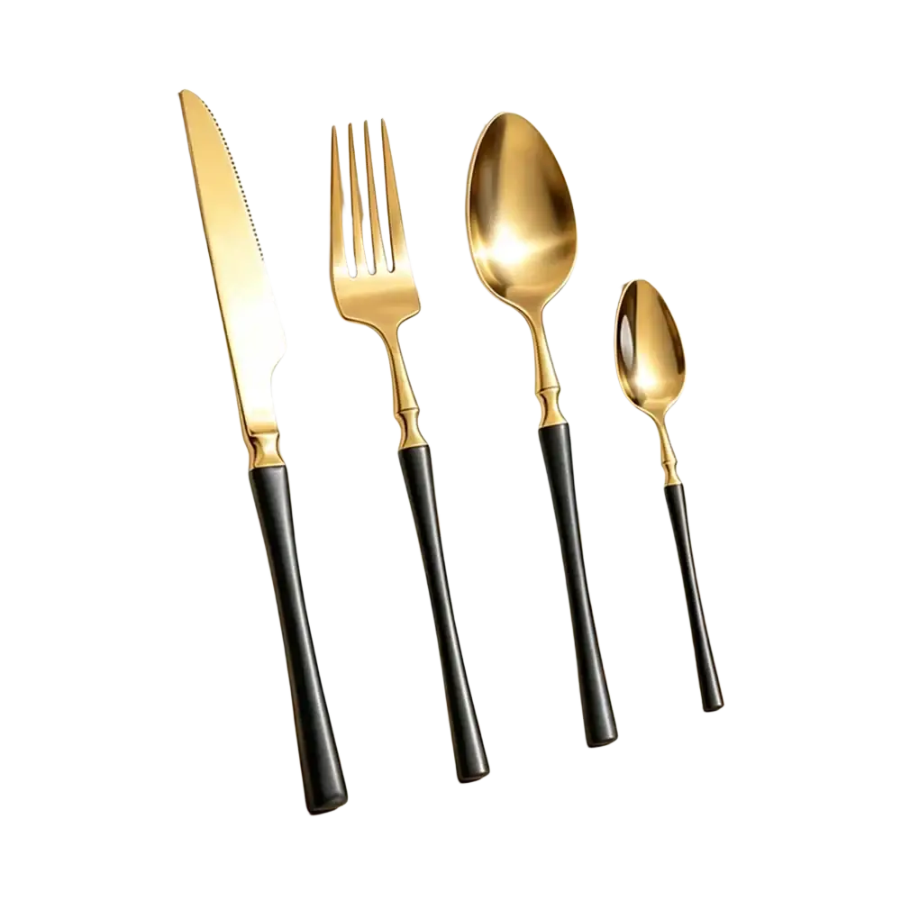 Stainless steel flatware set 4 piece cutlery set with gold-finished utensils and sleek black handles displayed neatly