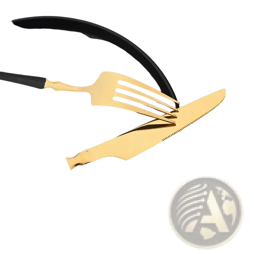 Stainless steel flatware set 4 piece cutlery set with gold finished knife and fork and sleek black handles on black plate