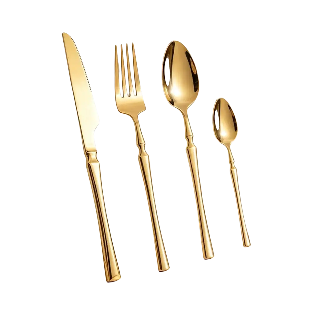 Golden stainless steel flatware set with four polished pieces featuring elegant tapered handles