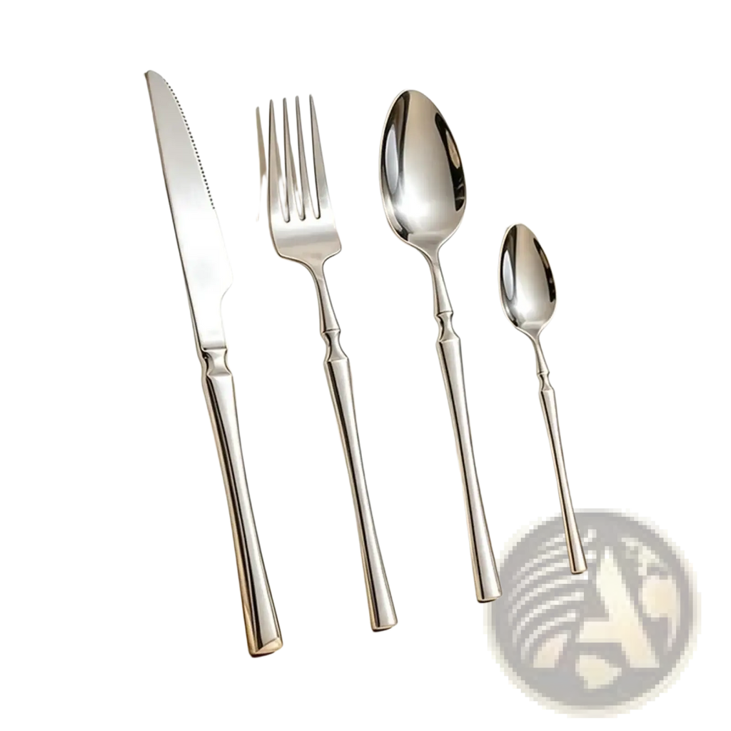 Shiny stainless steel flatware set with elegant slender handles and classic design 4 piece cutlery set