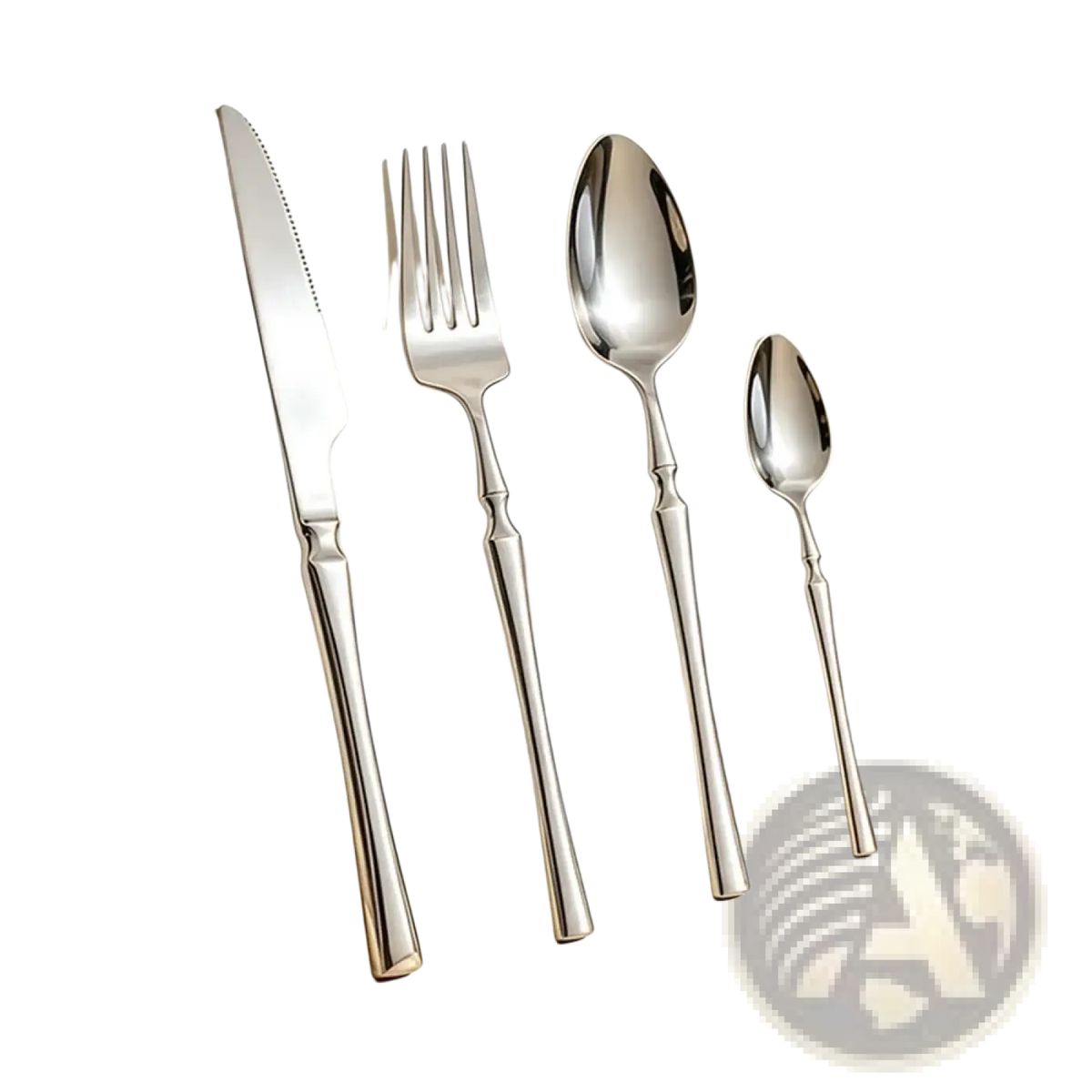 Shiny stainless steel flatware set with elegant slender handles and classic design 4 piece cutlery set