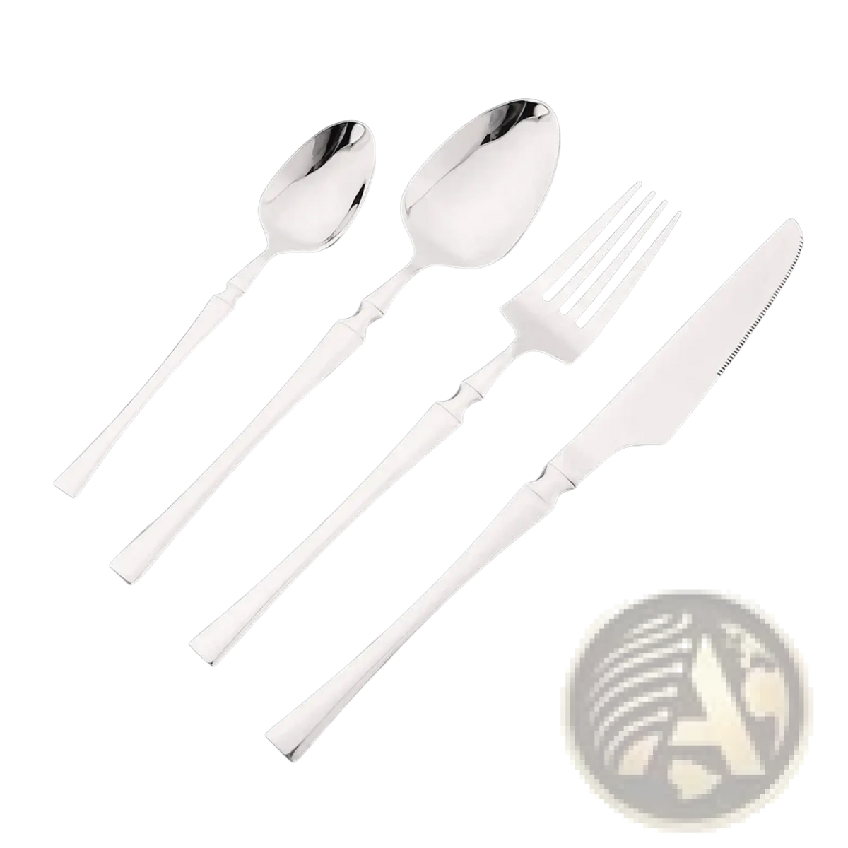 Shiny stainless steel flatware set with sleek modern design and subtle decorative grooves on handles four piece cutlery set