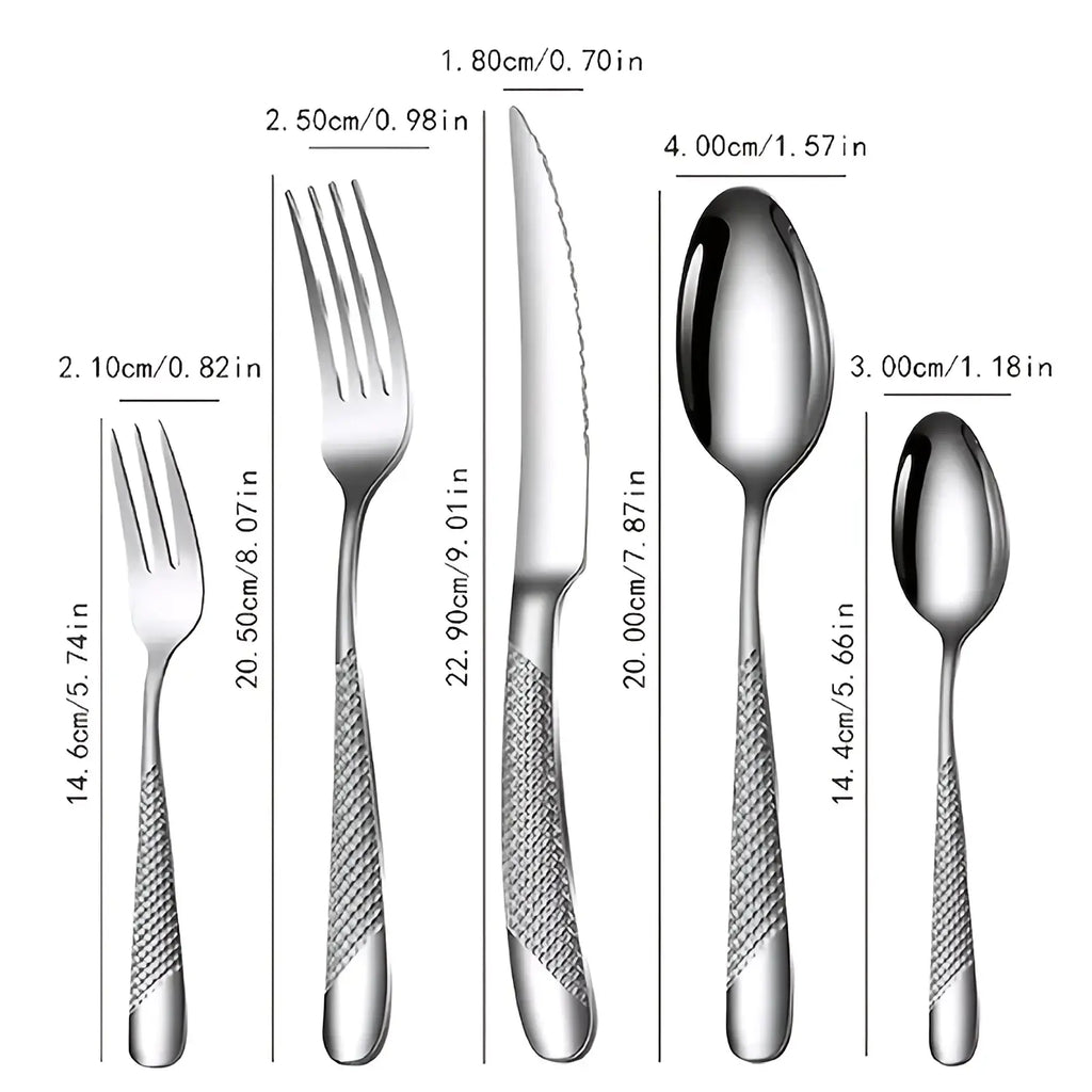Stainless steel flatware set 40 piece with textured diamond patterned handles and polished metallic blades