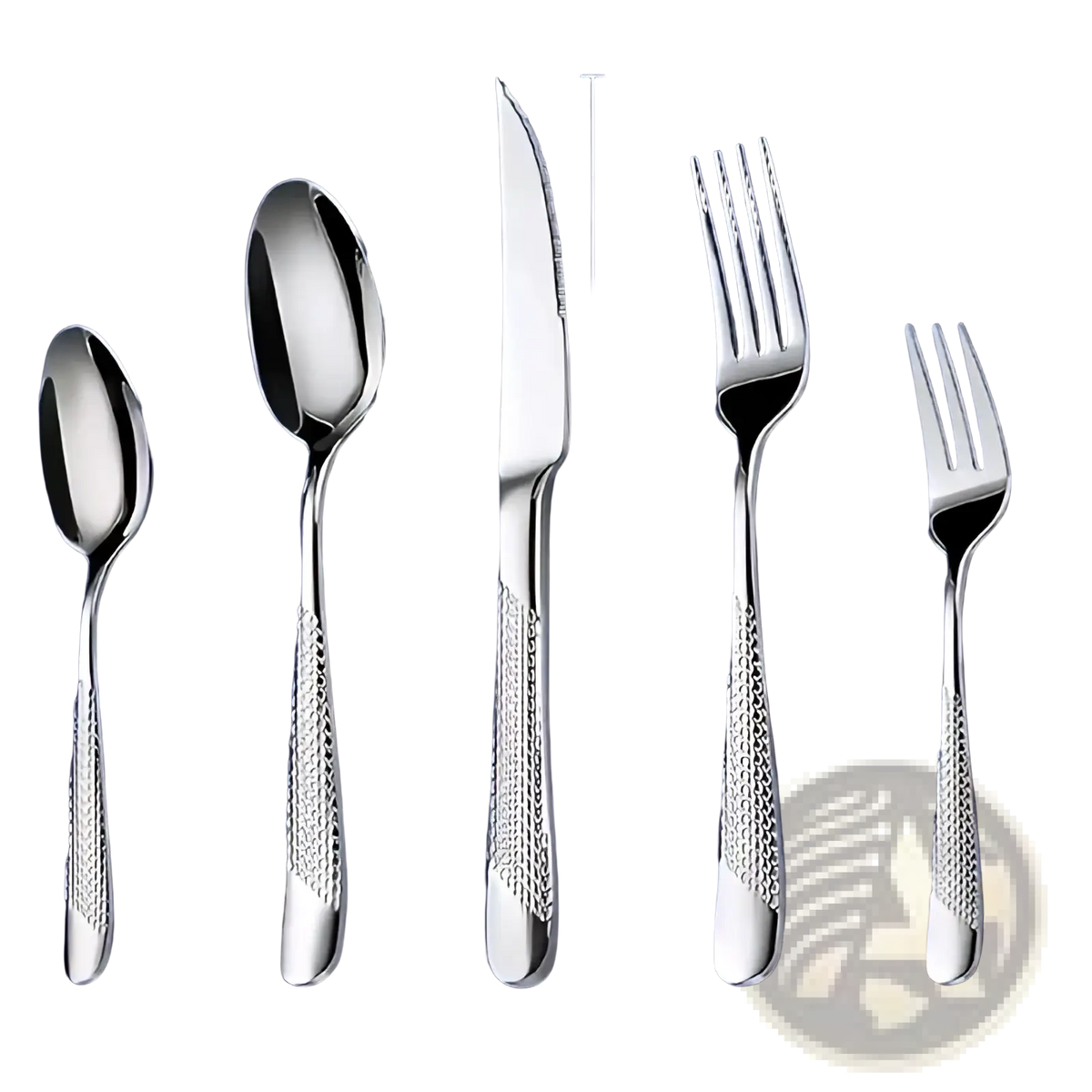 Shiny stainless steel flatware set 40 piece with textured diamond patterned handles for elegant dining