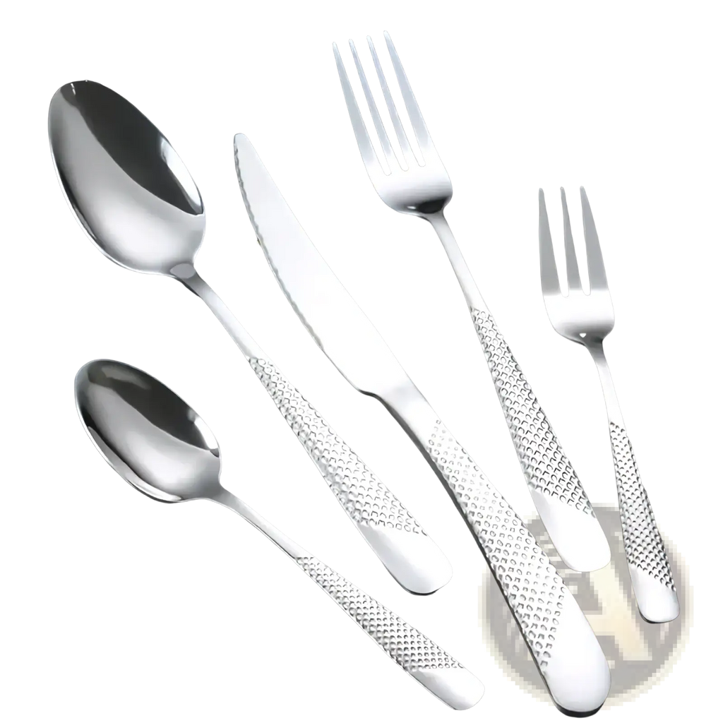 Shiny stainless steel flatware set 40 piece with textured hammered pattern handles in silver finish