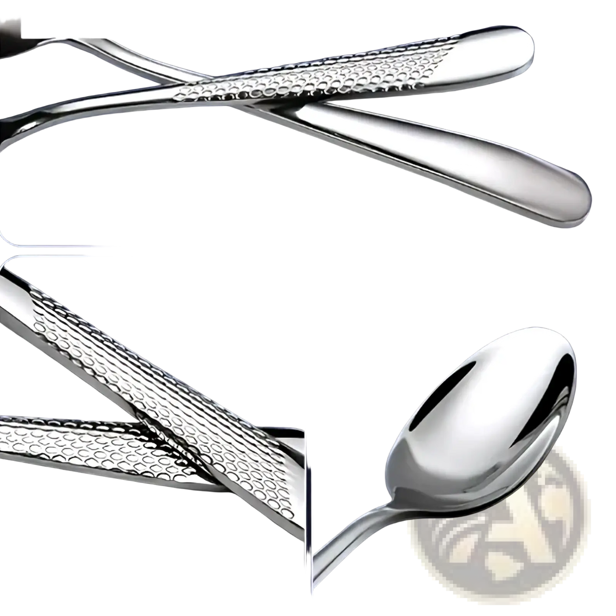 Silver spoon from stainless steel flatware set 40 piece with hammered textured handle and smooth edges