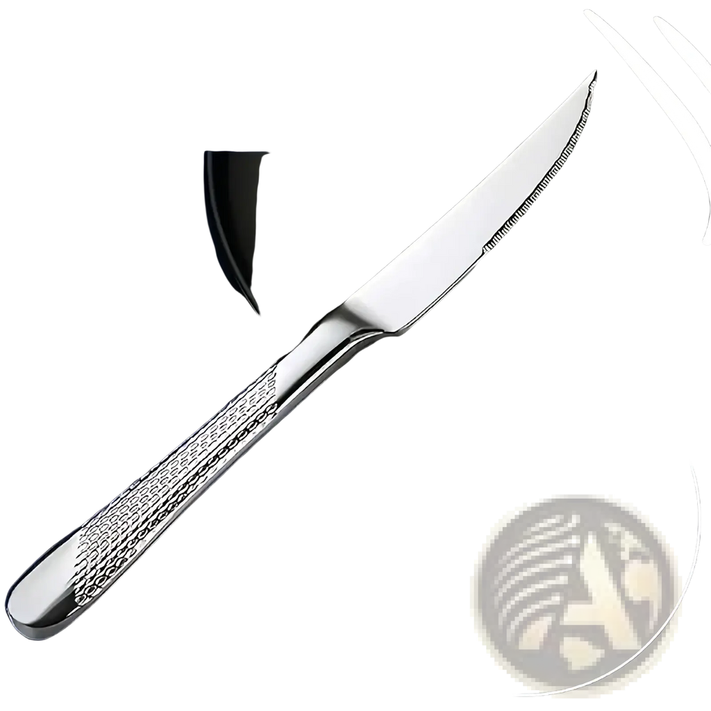 A sleek stainless steel dinner knife from the 40 piece flatware set with textured grip and dual-edged design