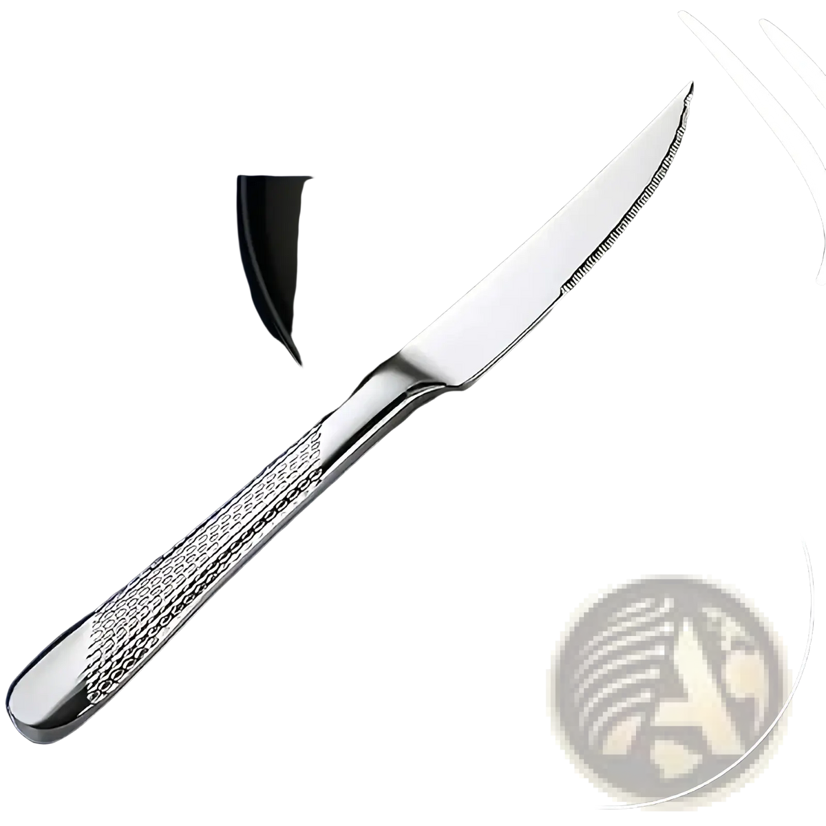 A sleek stainless steel dinner knife from the 40 piece flatware set with textured grip and dual-edged design