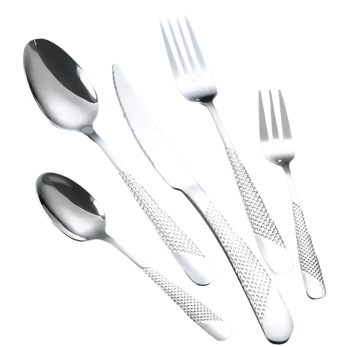 Shiny stainless steel flatware set 40 piece with textured hammered pattern handles in silver finish