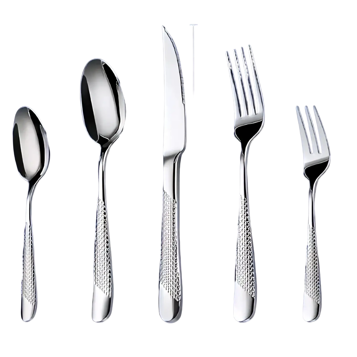 Shiny stainless steel flatware set 40 piece with textured diamond patterned handles for elegant dining