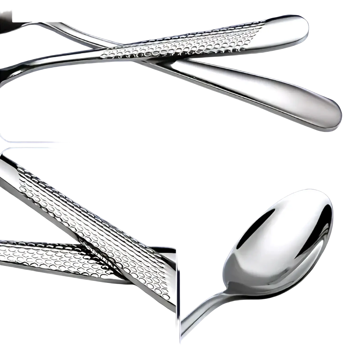 Silver spoon from stainless steel flatware set 40 piece with hammered textured handle and smooth edges